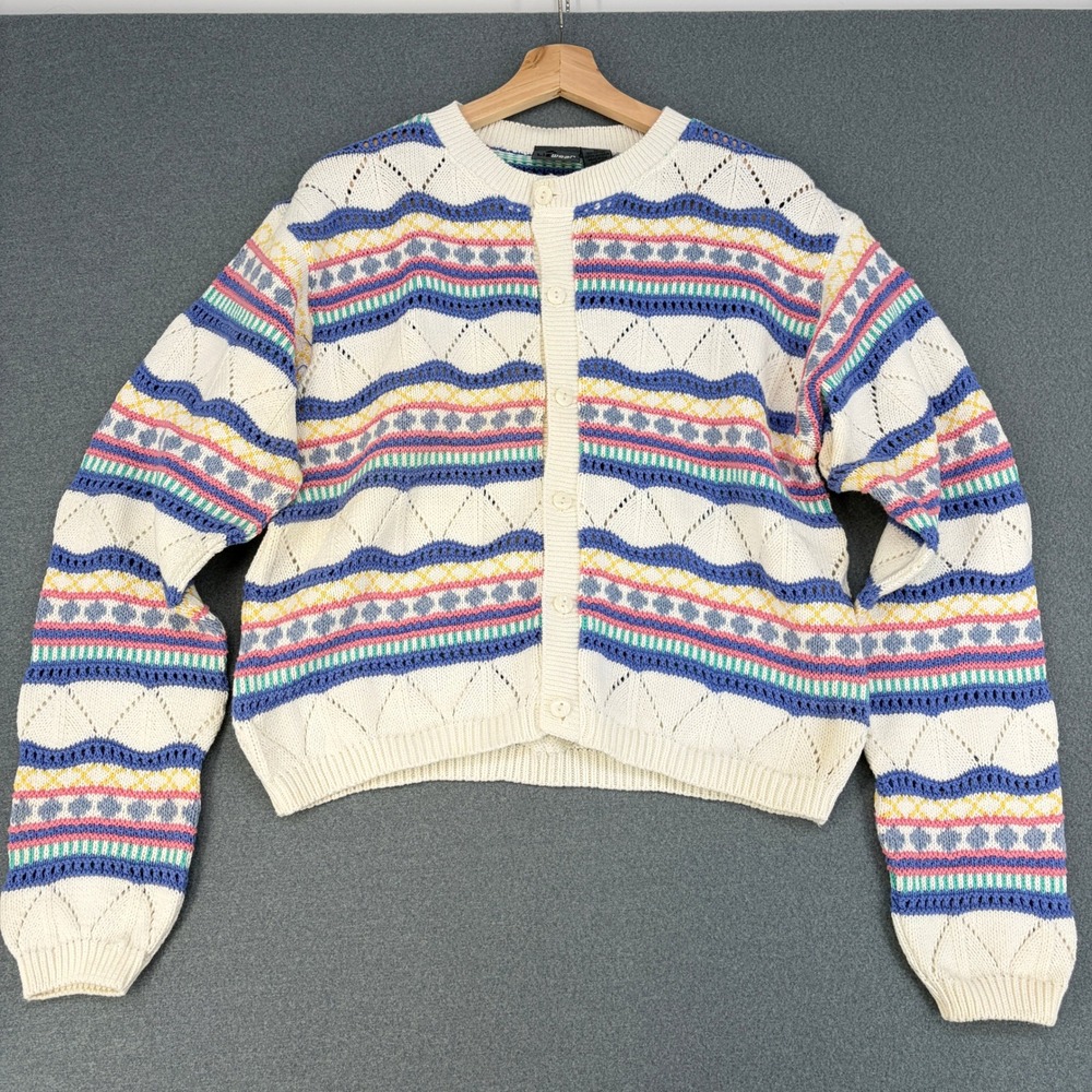 Lizwear Vintage Womens Medium Multi Color Geometric Cotton Knit Cardigan Sweater